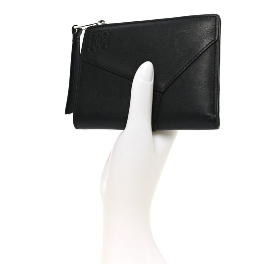 Calfskin Puzzle Zip Slim Compact Bi-Fold Wallet Black