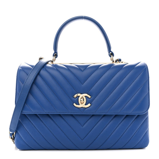 Lambskin Chevron Quilted Medium Trendy CC Dual Handle Flap Bag Blue