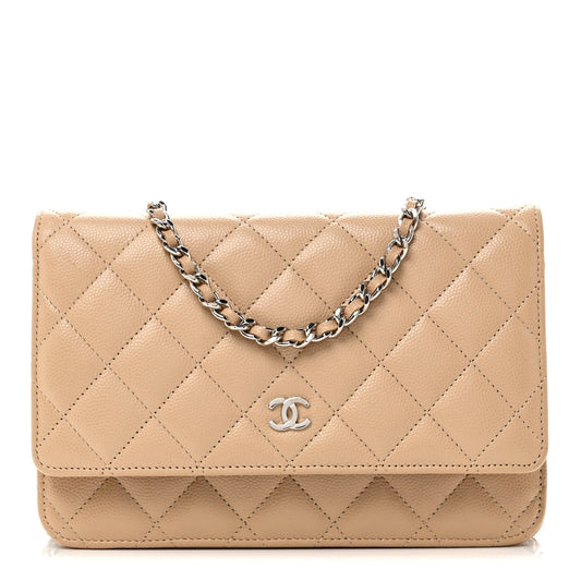Caviar Quilted Wallet on Chain WOC Beige