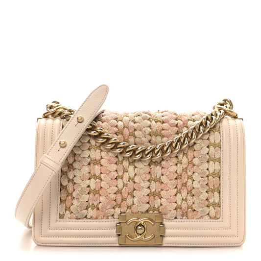 Braided Tweed Lambskin Medium Boy Flap Pink