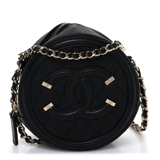 Caviar Quilted Round Filigree Crossbody Black