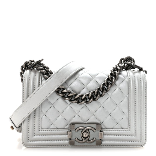 Metallic Calfskin Quilted Small Boy Flap Silver