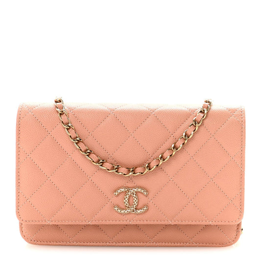 Caviar Quilted Perforated Metal CC Wallet On Chain WOC Beige