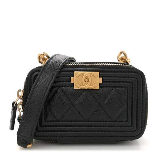 Caviar Quilted Mini Boy Clutch With Chain Black