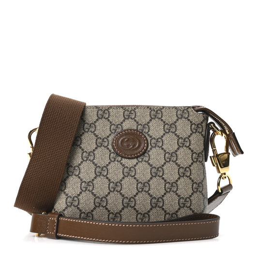 GG Supreme Monogram Azalea Calfskin Small Retro Interlocking G Wristlet Messenger Bag Beige Ebony Brown Sugar