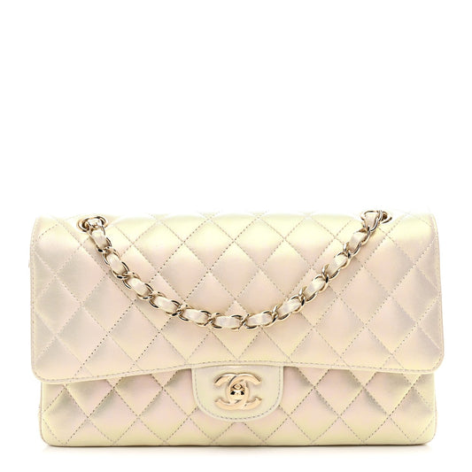 Iridescent Lambskin Quilted Medium Double Flap Ivory