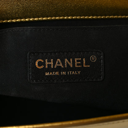 Metallic Patent Calfskin Quilted Medium Boy Flap Gold