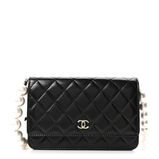 Calfskin Quilted Maxi Pearl Wallet On Chain WOC Black