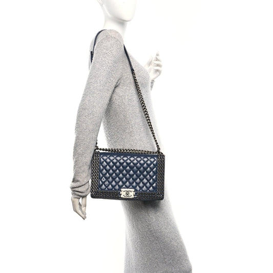 Glazed Calfskin Quilted New Medium Boy Chained Flap Navy