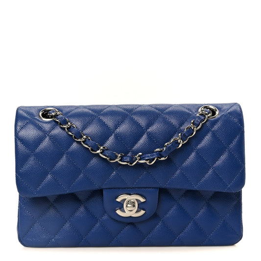 Caviar Quilted Small Double Flap Blue