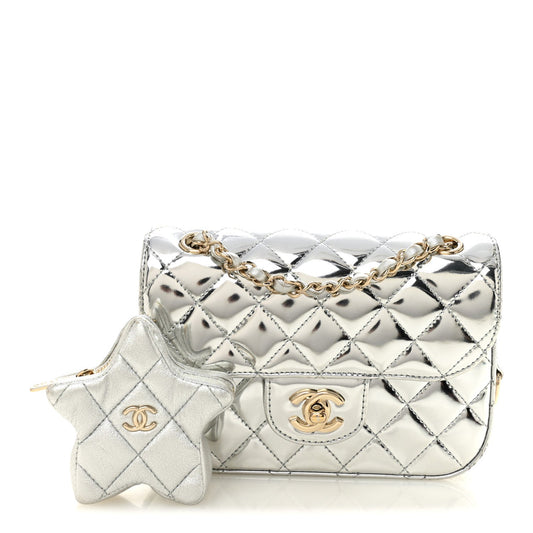 Mirror Calfskin Metallic Calfskin Quilted Hollywood Boulevard Mini Flap With Star Coin Purse Silver