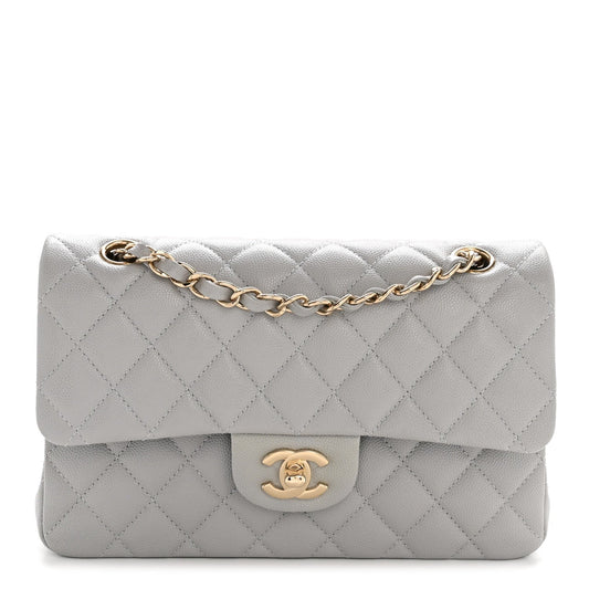 Caviar Quilted Small Double Flap Grey