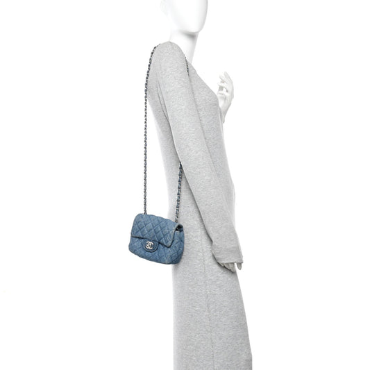 Denim CC Quilted Mini Square Flap Blue