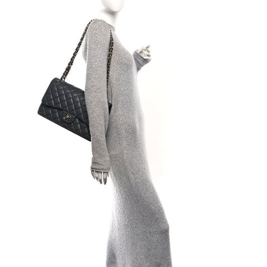 Caviar Quilted Jumbo Double Flap Dark Grey