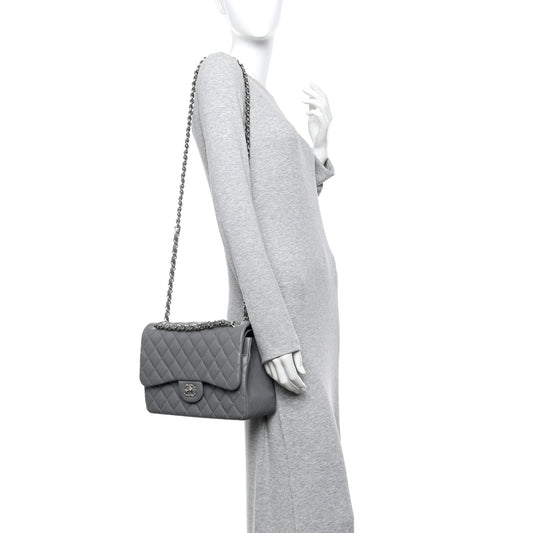 Caviar Quilted Jumbo Double Flap Grey