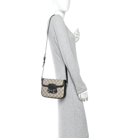 GG Supreme Monogram Horsebit 1955 Soft Small Shoulder Bag Beige Black