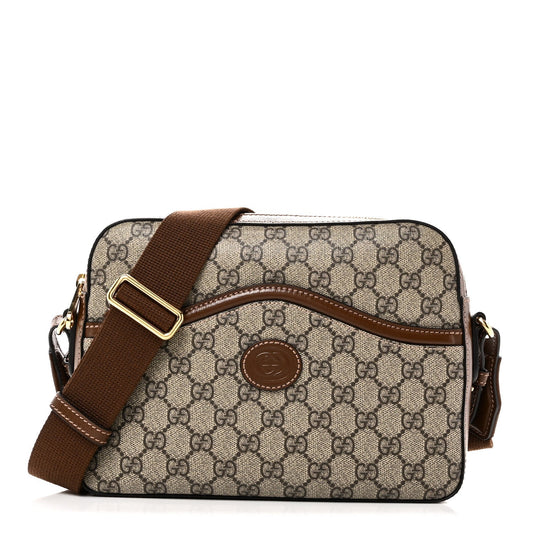 GG Supreme Monogram Azalea Calfskin Retro Interlocking G Messenger Shoulder Bag Beige Ebony Brown Sugar