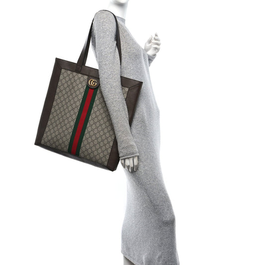GG Supreme Monogram Web Large Ophidia Vertical Shopping Tote Brown