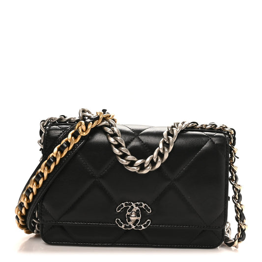 Lambskin Quilted Chanel 19 Wallet On Chain WOC Black