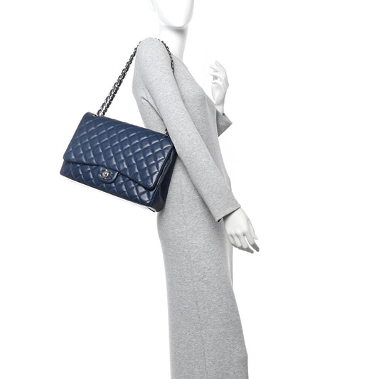 Caviar Quilted Maxi Double Flap Navy Blue