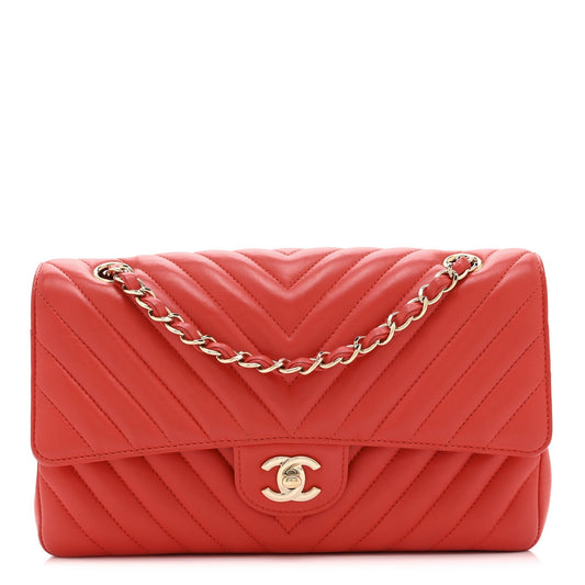 Lambskin Chevron Quilted Medium Double Flap Red