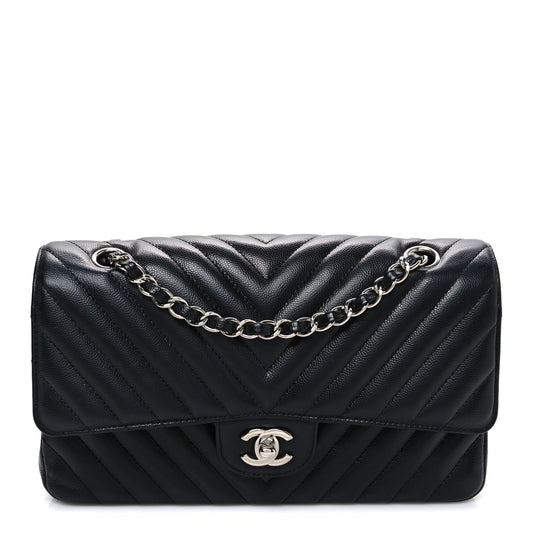Caviar Chevron Quilted Medium Double Flap Black