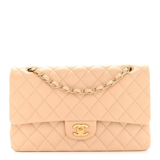 Lambskin Quilted Medium Double Flap Beige