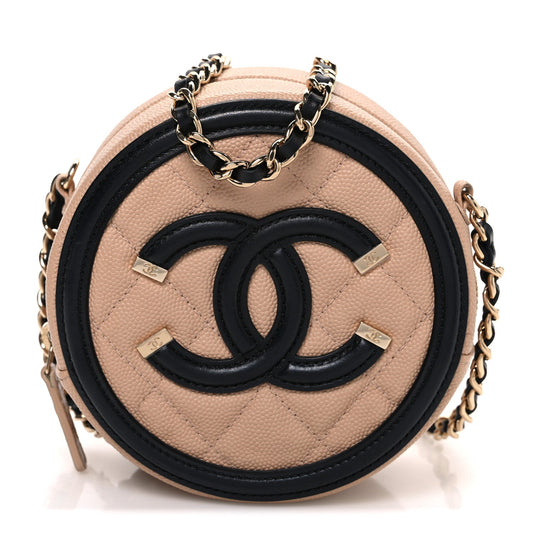 Caviar Quilted Round Filigree Crossbody Beige Black