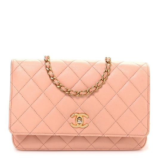 Lambskin Quilted CC Pearl Crush Wallet on Chain WOC Light Orange