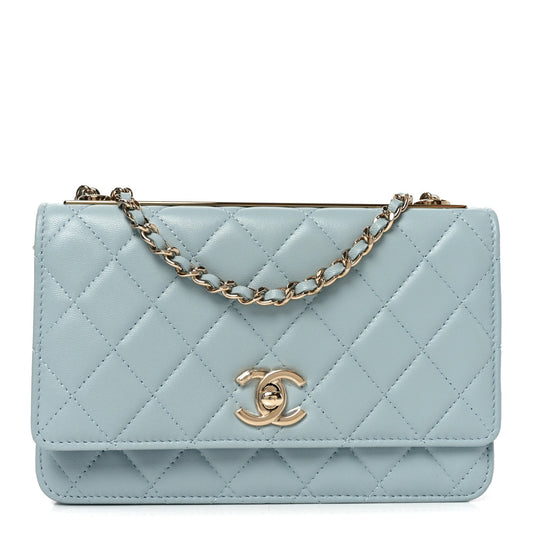 Lambskin Quilted Trendy CC Wallet On Chain WOC Light Blue