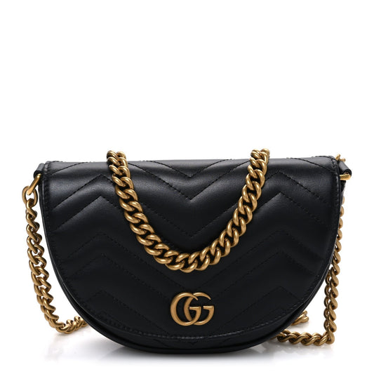 Calfskin Matelasse Mini GG Marmont Chain Half Moon Crossbody Bag Black