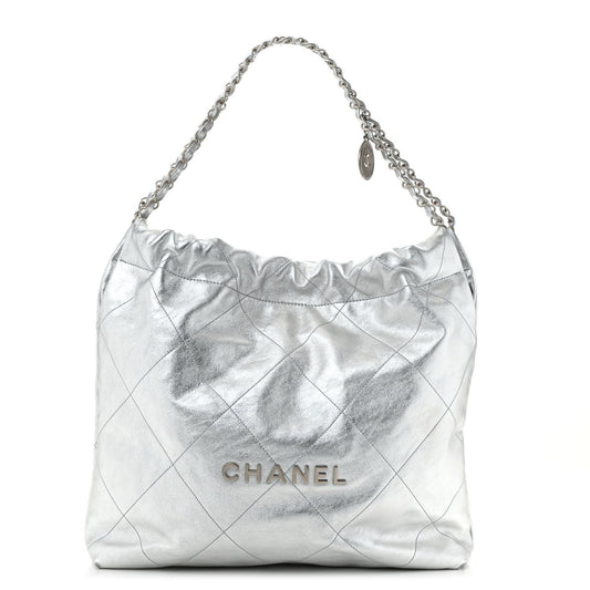 Metallic Calfskin Quilted Chanel 22 Silver