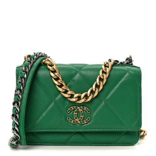 Lambskin Quilted Chanel 19 Wallet On Chain WOC Green