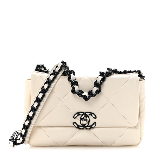 Glossy Calfskin Quilted Medium Chanel 19 Flap White Black