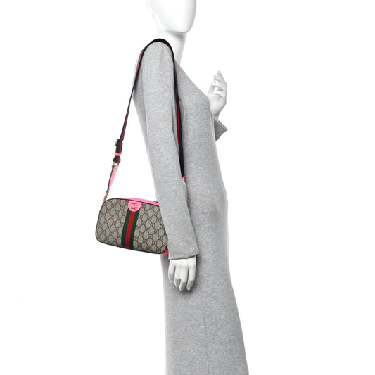 GG Supreme Monogram Textured Dollar Calfskin Web Ophidia Small Crossbody Bag Beige Ebony Fuchsia