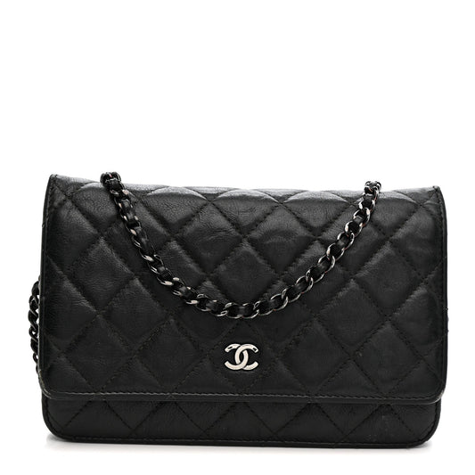 Crumpled Calfskin Quilted Wallet On Chain WOC So Black