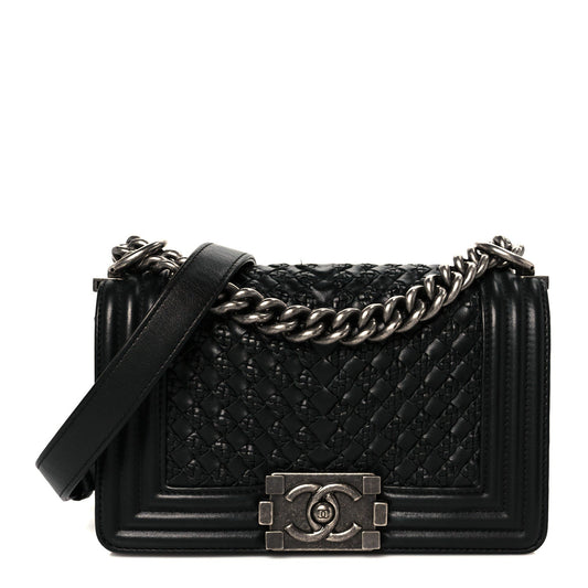 Lambskin Braided Woven Small Boy Flap Black