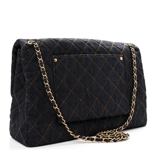 Denim Quilted XXL Travel Flap Bag Dark Blue Orange