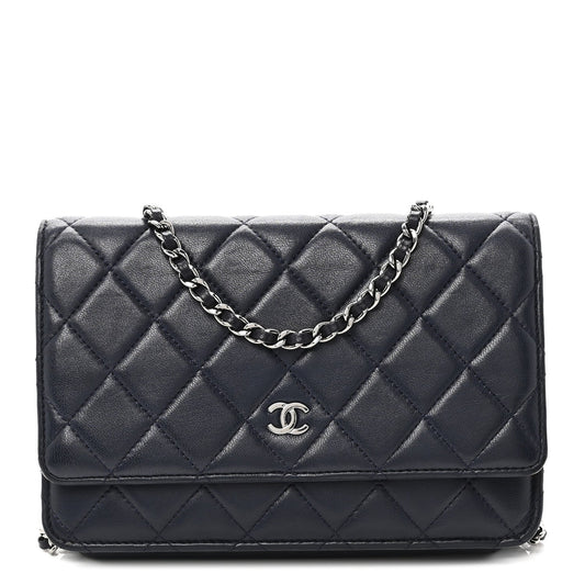 Lambskin Quilted Wallet On Chain WOC Navy Blue