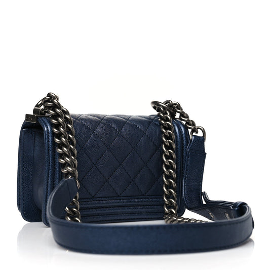 Metallic Calfskin Quilted Mini Boy Flap Blue