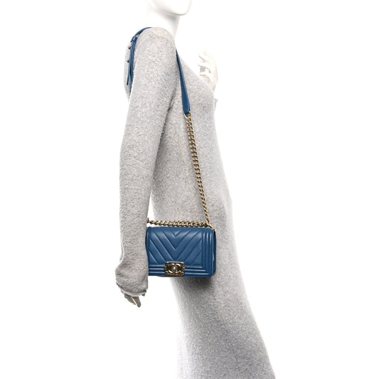 Calfskin Chevron Quilted Small Boy Flap Blue