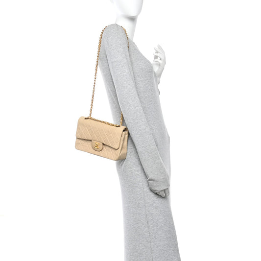 Lambskin Quilted Small Double Flap Beige