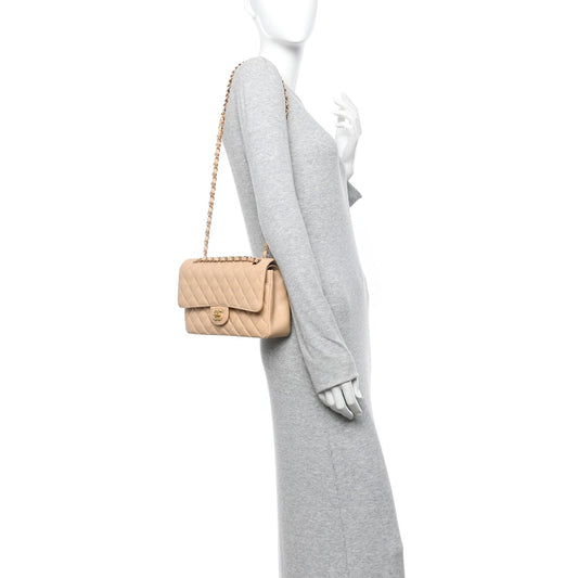 Caviar Quilted Medium Double Flap Beige