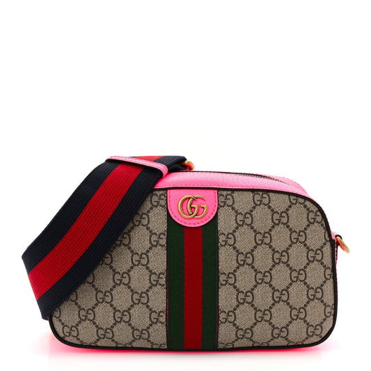 GG Supreme Monogram Textured Dollar Calfskin Web Ophidia Small Crossbody Bag Beige Ebony Fuchsia
