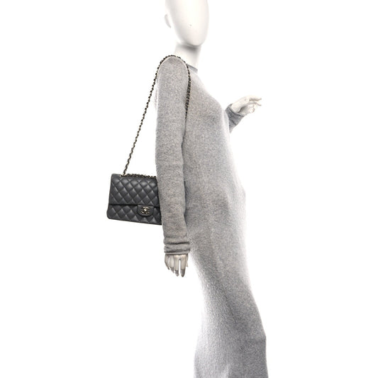 Lambskin Quilted Medium Double Flap Grey