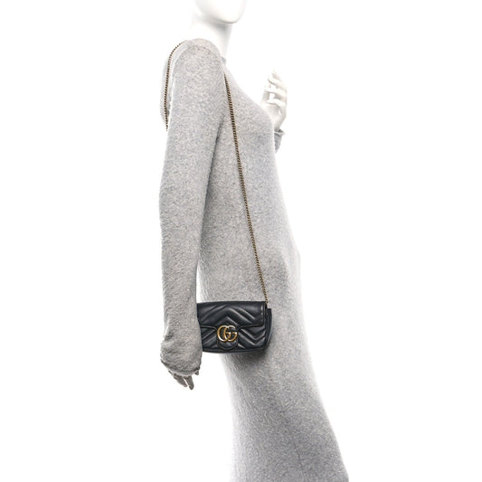 Calfskin Matelasse Super Mini GG Marmont Shoulder Bag Black