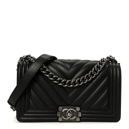 Lambskin Chevron Quilted Medium Boy Flap Black