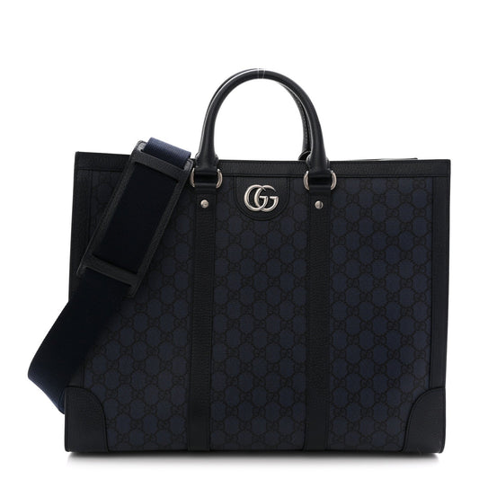 GG Supreme Monogram Textured Dollar Calfskin Large Ophidia Tote Bag Black Blue