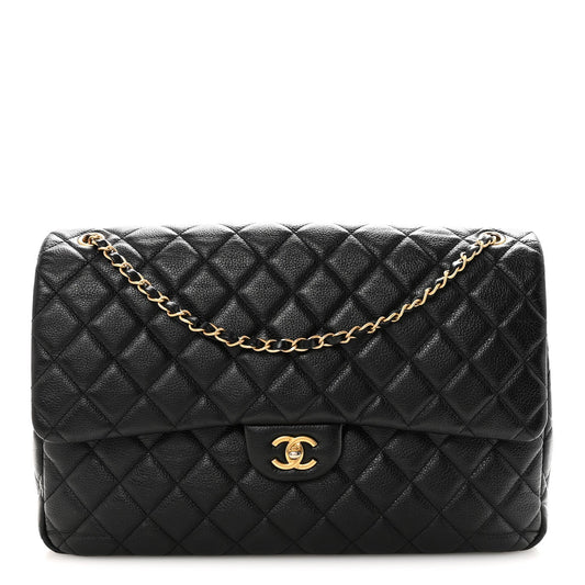 Grained Calfskin Quilted XXL Travel Flap Bag Black