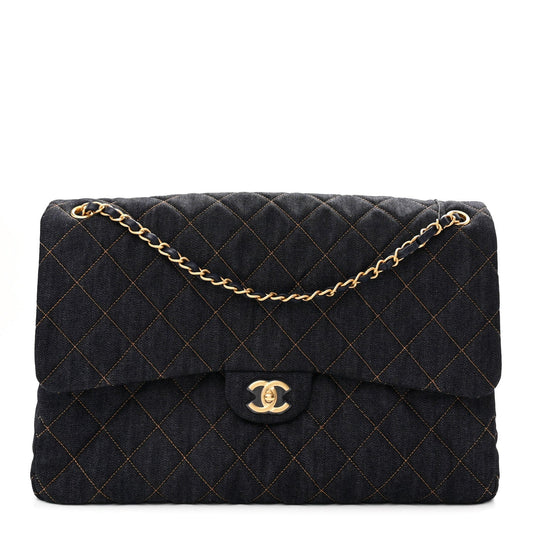 Denim Quilted XXL Travel Flap Bag Dark Blue Orange